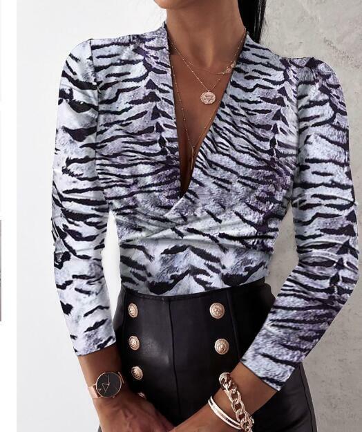 Blusa holgada informal de otoño con manga larga para oficina, camisa Sexy con estampado de leopardo para mujer, cuello en V, 2XL, 2020