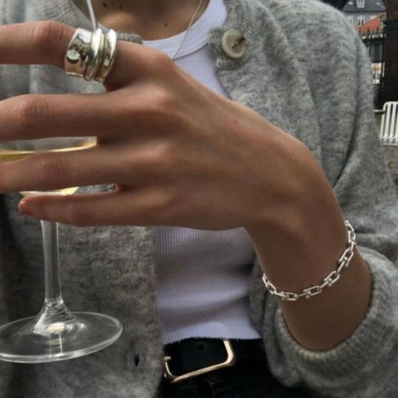 ANENJERY kolor srebrny blokada łańcucha bransoletka dla kobiet mężczyzn Vintage Handmade Hasp regulowana bransoletka Party biżuteria prezent S-B451