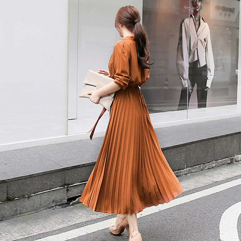 Robe longue plissée à col Polo pour femme, tenue élégante de bureau, style coréen, manches longues, taille Slim, décontractée, printemps-automne