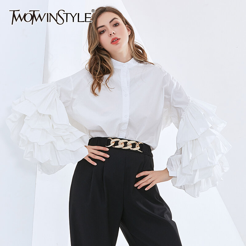 TWOTWINSTYLE Woven Shirts For Women Stand Collar Lantern Long Sleeve Patchwork Ruffles Designer Casual Blouses Female 2022 Style