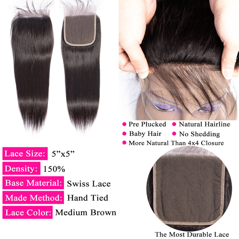 18 20 Inch 6x6 5x5 4x4 Lace Closure Only Remy 100% Human Hair 2x6 Peruvian Straight 613 Closure Pre Plucked Silk Base Closure