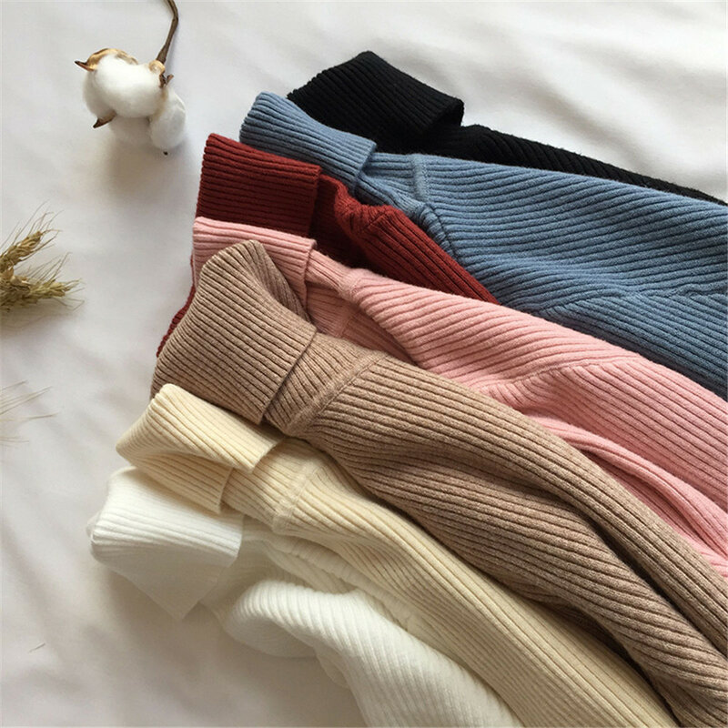 2021 Autumn Winter Thick Sweater Women Knitted Ribbed Pullover Sweater Long Sleeve Turtleneck Slim Jumper Soft Warm
