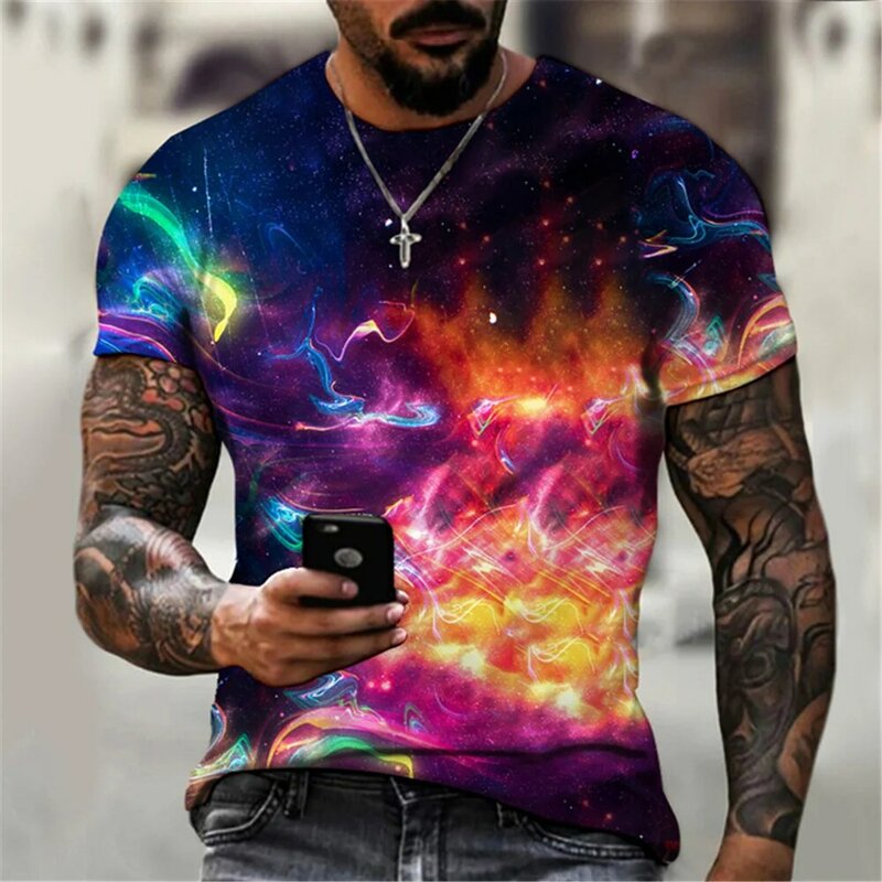 New 2021 summer 3D printing blue ink painting fashion casual men's street style short sleeve top o-neck T-shirt