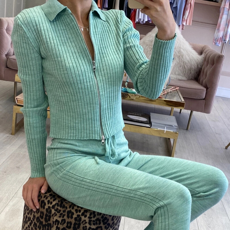 Venda quente outono inverno moda feminina manga comprida com zíper lapela camisola terno moletom cor sólida 2021 conjunto de duas peças