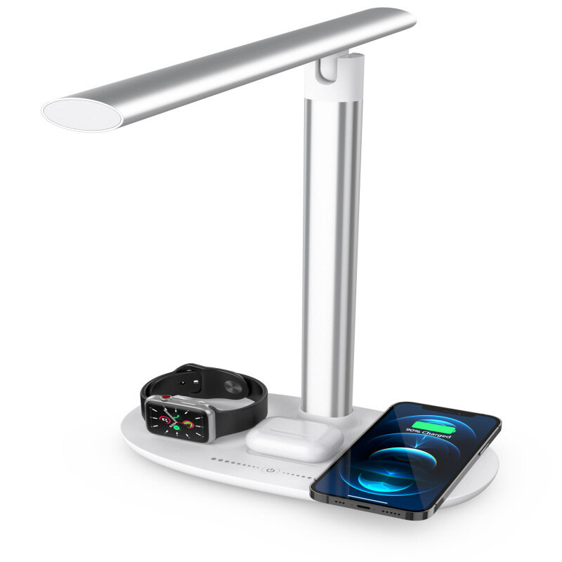Lâmpada led 4 em 1 qi carregador sem fio luz de mesa leitura para samsung iphone x smartphone carregamento rápido para iwatch airpods carga