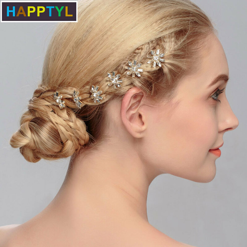 HAPPTYL 6 unids/set de moda fiesta boda novias U forma pinzas para el cabello para mujer horquillas con cristales Horquillas para el cabello joyería