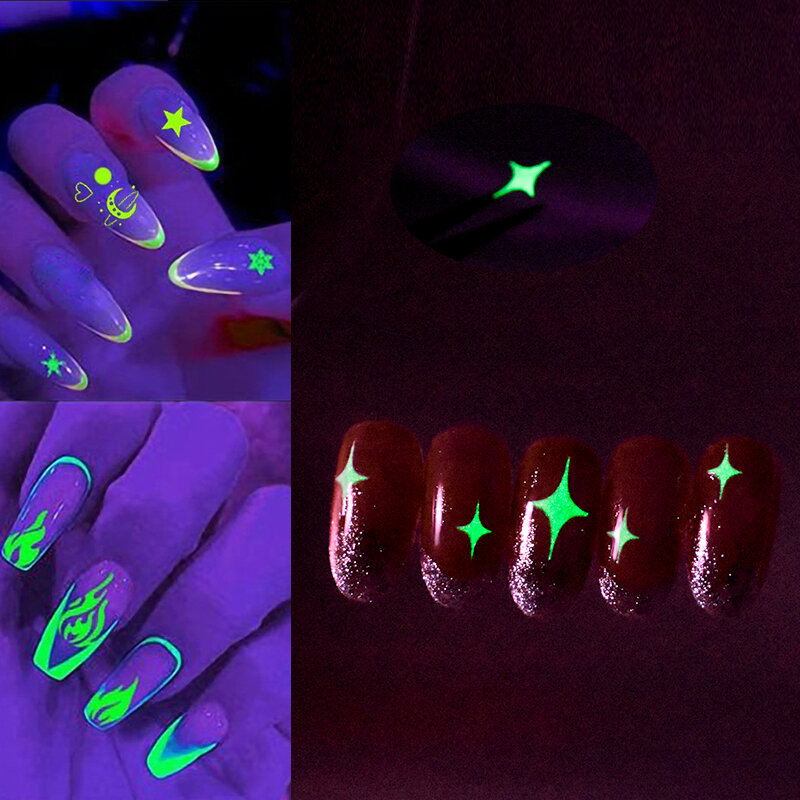 HNUIX-pegatinas luminosas 3D para uñas, 1 hoja, diseño de verano, estrella, corazón, Luna, brillo en la oscuridad, decoraciones de manicura verde neón