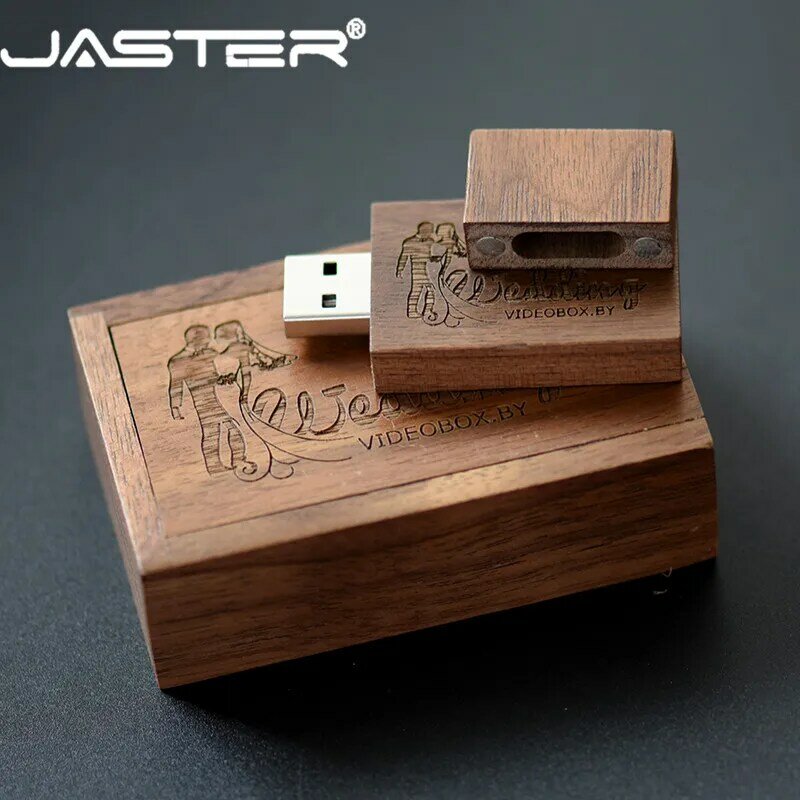 Jaster pendrive de madeira, usb + caixa de embalagem, 4gb, 128gb, 16gb, 32gb, 64gb, usb 2.0 (logotipo personalizado grátis)