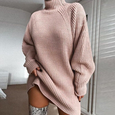 Suéter de manga raglán para mujer, vestido informal de longitud media, cuello alto, Jersey de punto, Otoño e Invierno