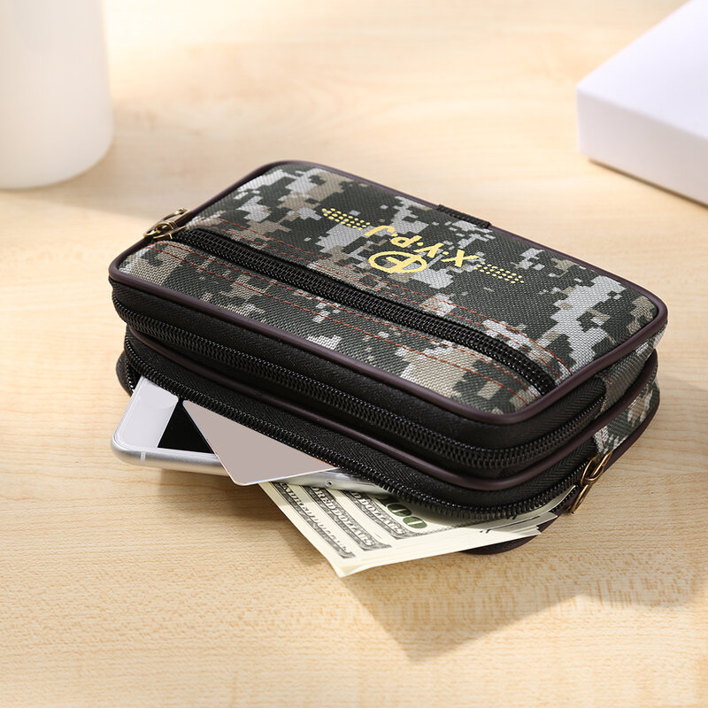 Bolsa masculina de camada dupla com estampa camuflada, bolsa vintage casual de camada dupla com estampa para cartão e celular