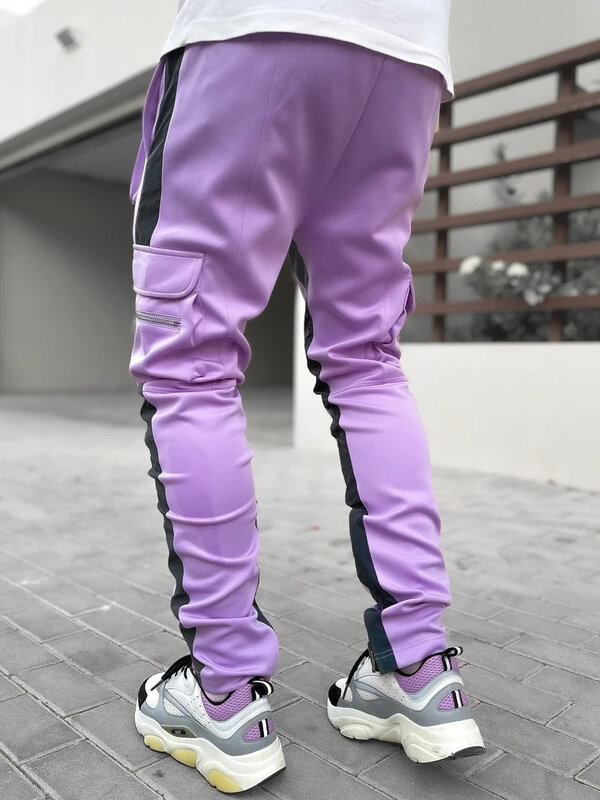 Nova faixa reflexiva calças de carga dos homens para o outono primavera streetwear calças moletom masculino trabalho jogging ao ar livre