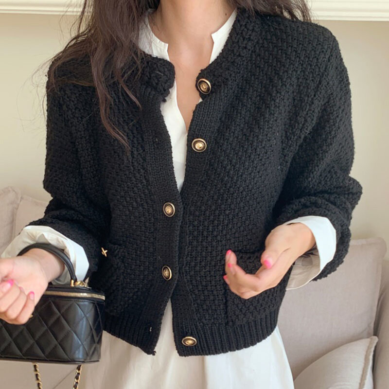 Chaqueta para mujer coreano Chic suave cuello redondo diseño elegante de manga larga con bolsillo de aguja gruesa cárdigan de punto suéter abrigo