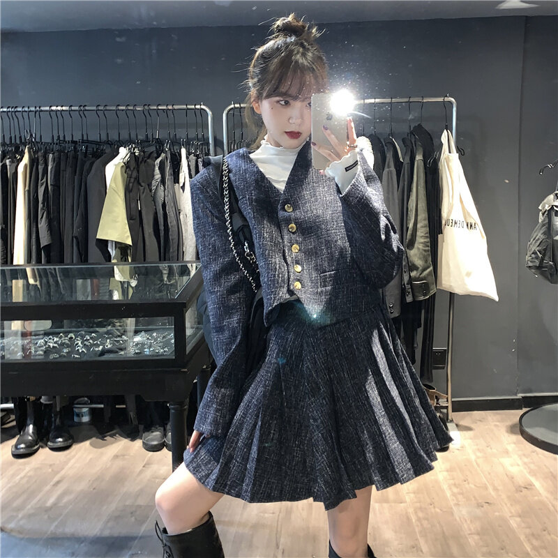 Saia feminina terno outono coreano 2021 nova moda magro idade reduzindo temperamento chique manga curta jaqueta de duas peças conjunto