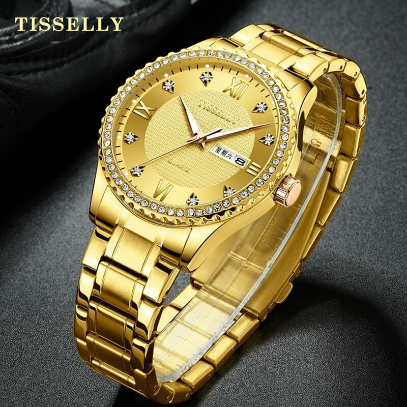 Tisselly-Reloj de pulsera de acero luminoso para hombre, cronógrafo de lujo con diamantes dorados, con fecha, de negocios