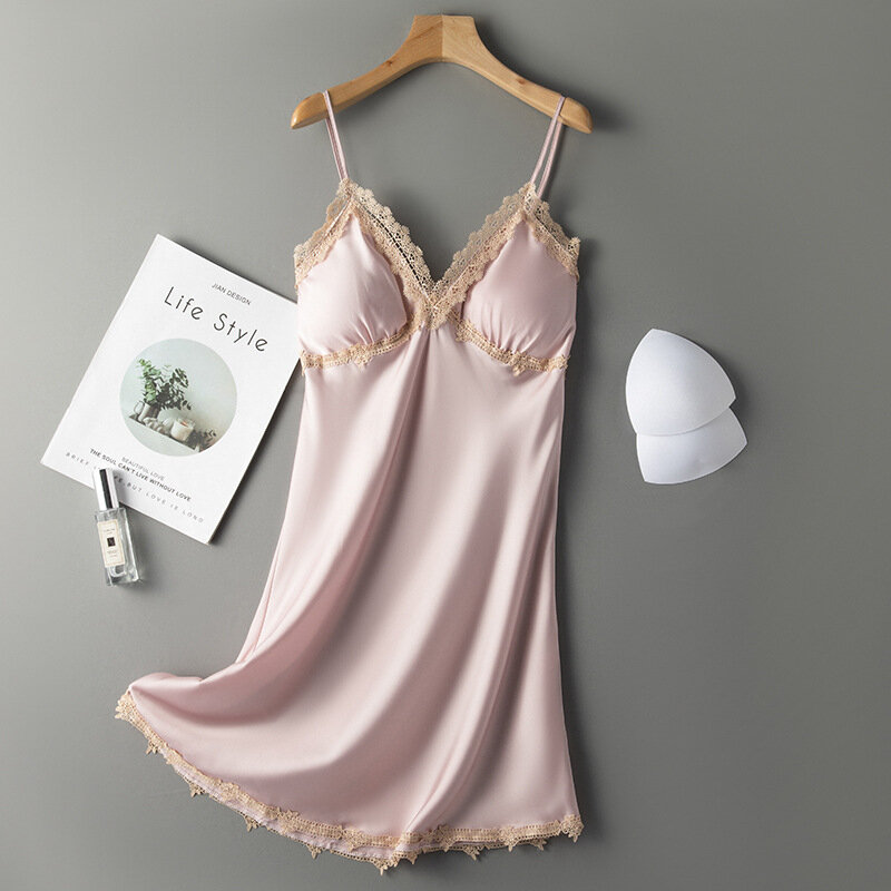 090 Pakaian Dalam Wanita Gaun Tidur Sutra Imitasi Baru Lingerie Gaun Malam Selempang Renda V-Neck Baju Tidur Seksi Sutra Pakaian Rumah Gaun Halter