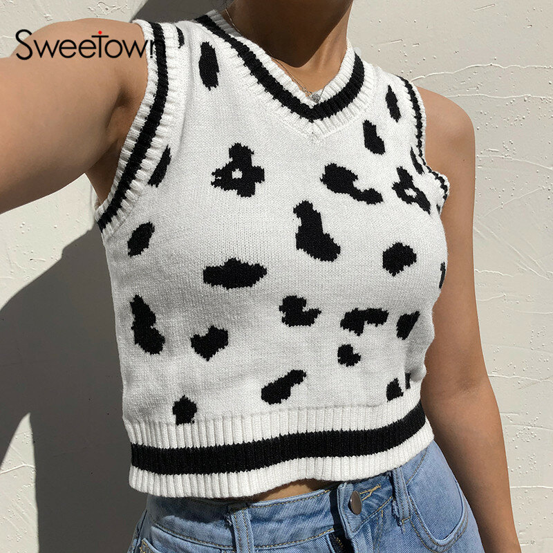 Sweetown – pull tricoté Style Preppy pour femmes, gilet imprimé de vache, vêtements Kawaii rayés, col en V, Slim, court