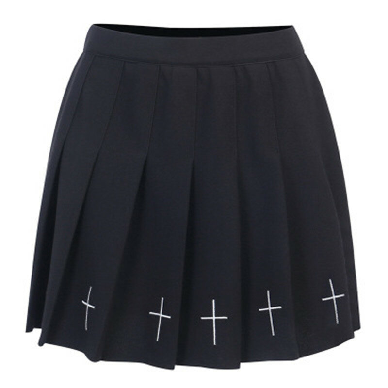 New Dark A-line Skirt Female Summer Punk Style Black High Waist Pleated Skirt Short Skirt Wild