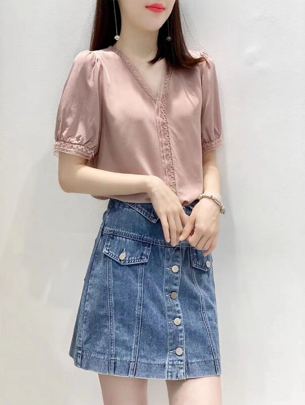 Women's summer Silk Shirt Short Sleeve Black Design Top