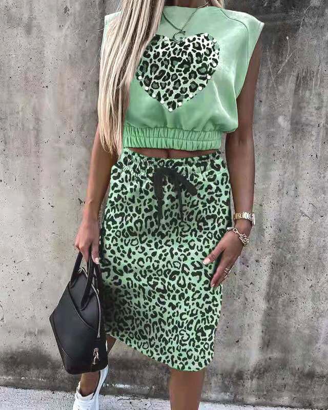 Leopard nadruk w kształcie serca kamizelka Tank sznurkiem spódnica dwuczęściowy garnitur zestaw bez rękawów krótki do pasa seksowny Top kobiety ubrania letnia sukienka