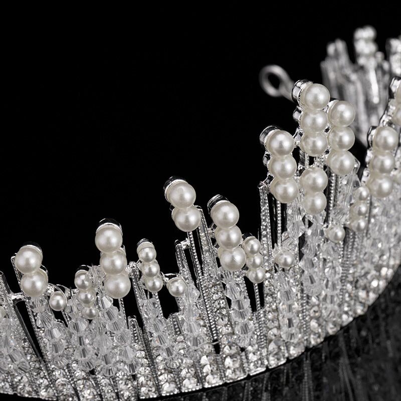 Kolor srebrny z koralikami perłami Rhinestone tiary i korony opaski dla kobiet akcesoria do włosów dla panny młodej Princess diadema
