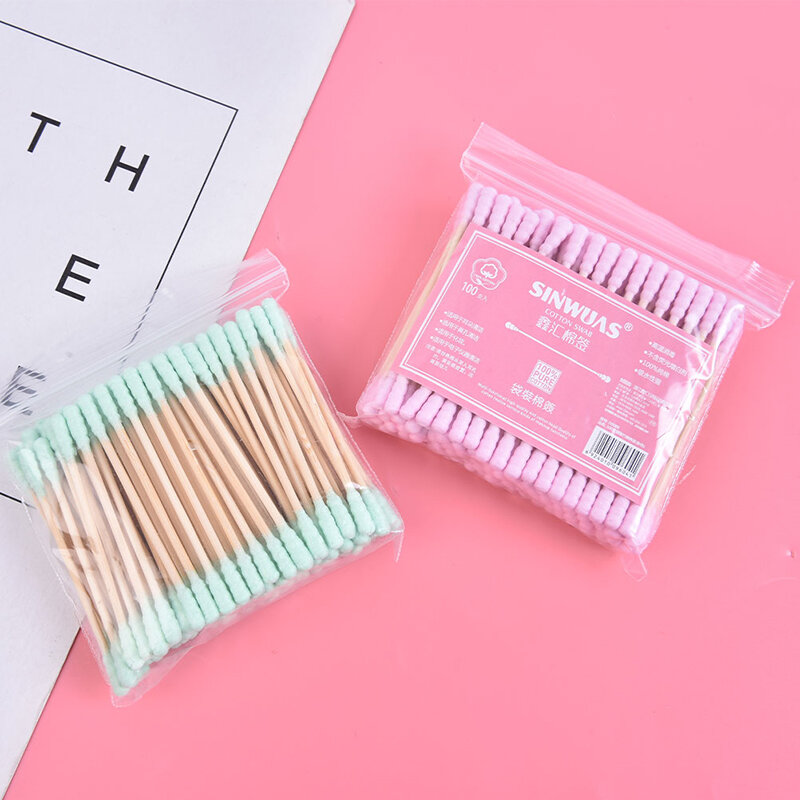 100pcs/Pack Double Head Cotton Swab Women Makeup Cotton Buds Tip Wood Sticks Nose Ears Cleaning Health Care Tools