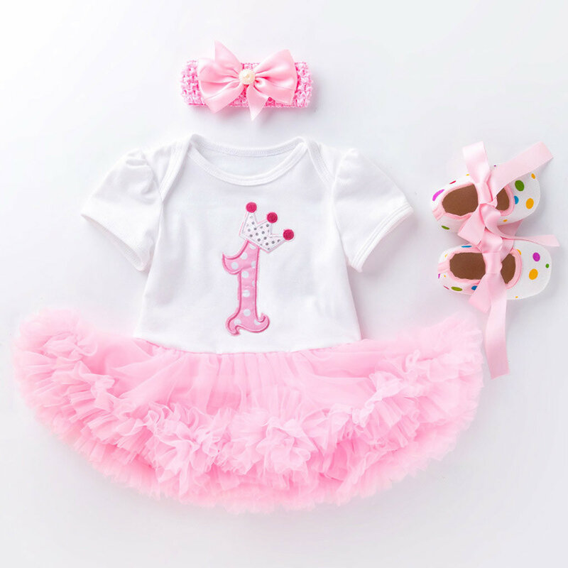 Newborn Toddler Baby Girls Clothes Sets Baby Girls Birthday Letter Romper Tulle Dress Princess Shoes 3PC Infant Clothing