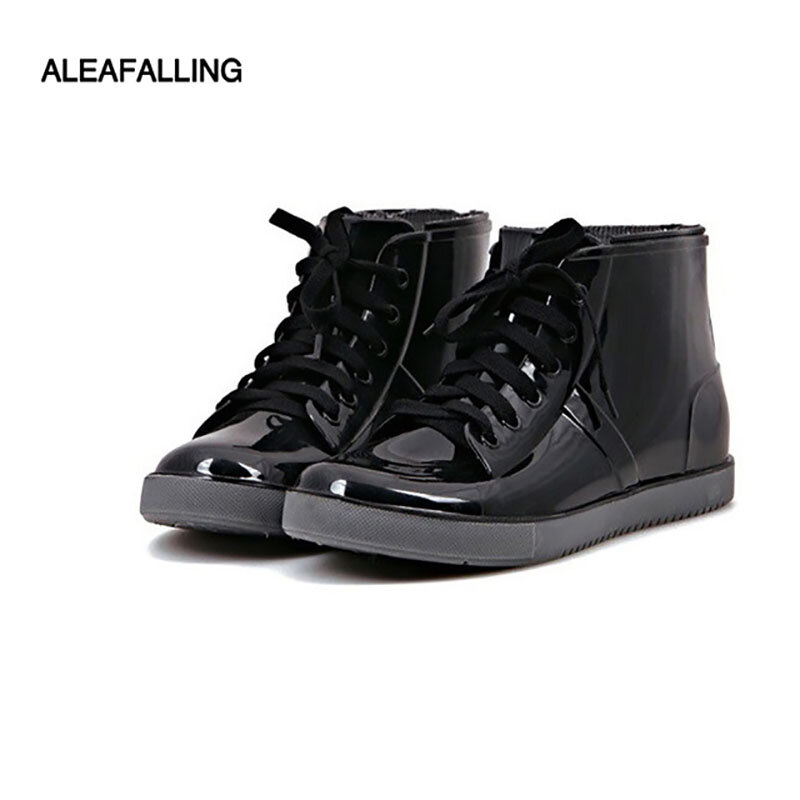 Aleafling-Botines impermeables de goma para mujer, zapatos planos de costura, a la moda, para lluvia, atados a la Cruz