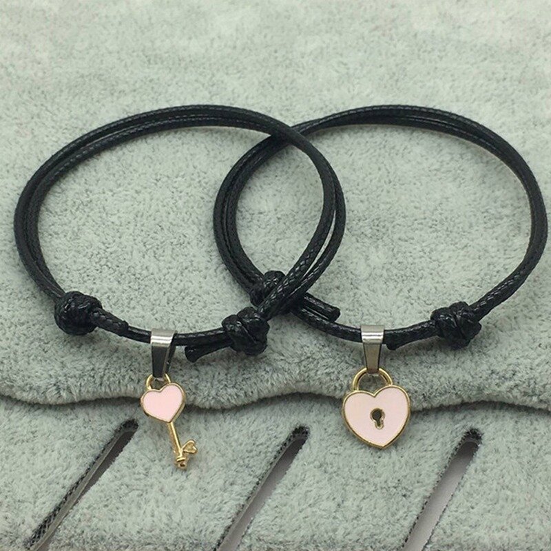 2 unids/par-pulsera de aleación con cerradura de corazón para parejas, joyería hecha a mano, pulsera de cuerda, regalos para amantes para mujeres