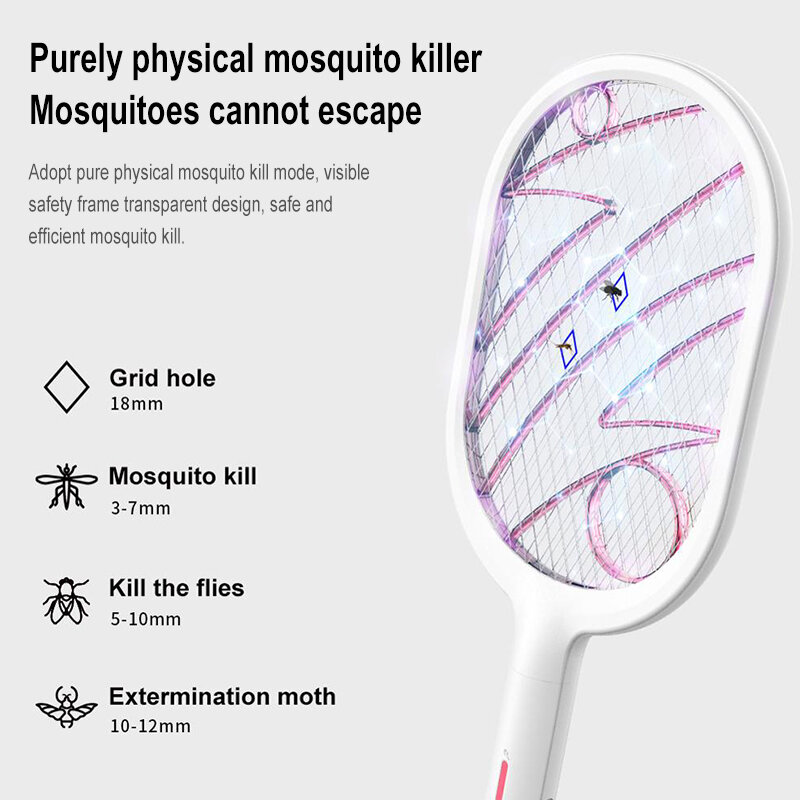 Raqueta eléctrica para atrapar mosquitos, matamoscas de 3000V, luz UV, recargable por USB