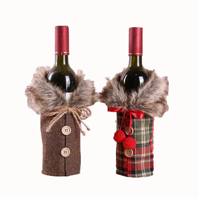 Decoração de natal adereços bowknot linho gola de pele vinho tinto garrafa capa casa ao ar livre decorações do feriado presente natal
