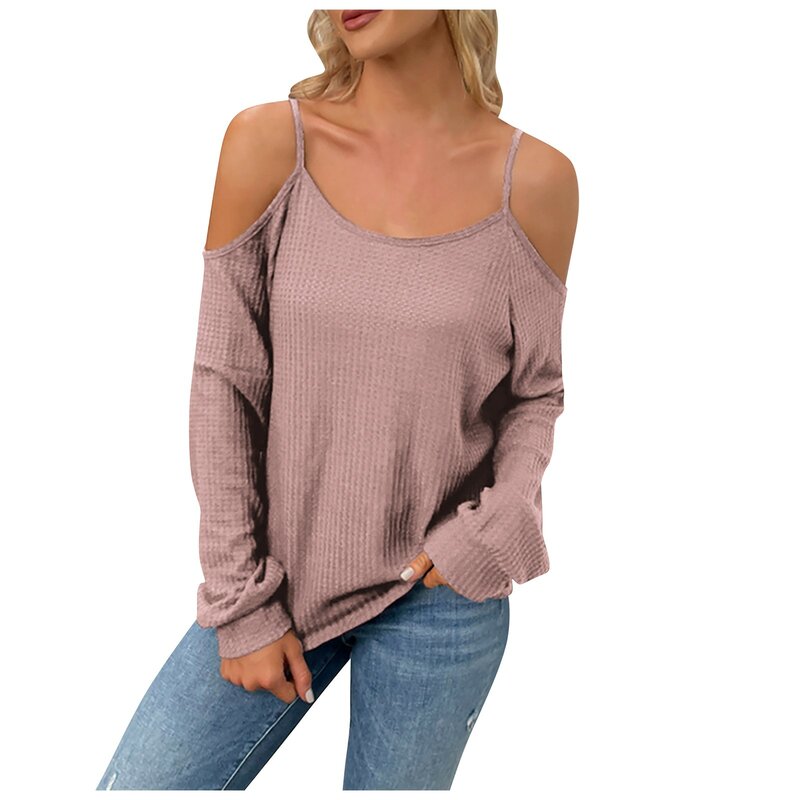 Blus Wanita 2021 Mode Musim Gugur Kaus Ukuran Plus Satu Bahu Atasan Selempang Lengan Panjang Minimalis Longgar Warna Solid