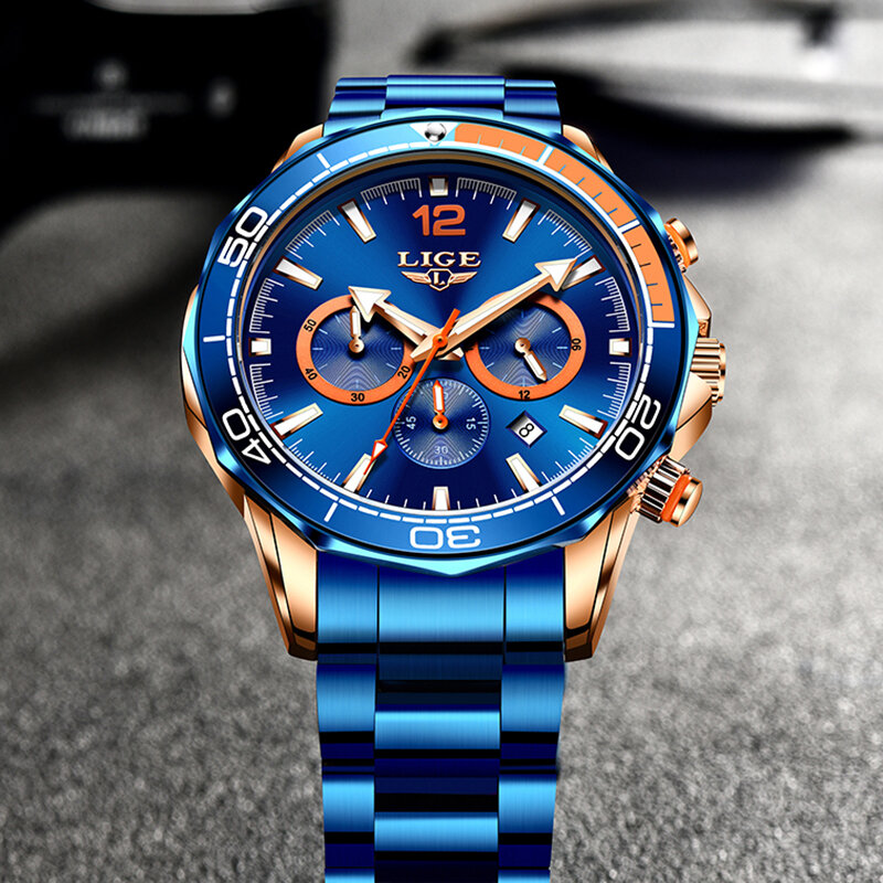 2022 New Fashion Blue Mens Watches LIGE orologio al quarzo di lusso delle migliori marche cronografo sportivo orologio da uomo impermeabile Relogio Masculino