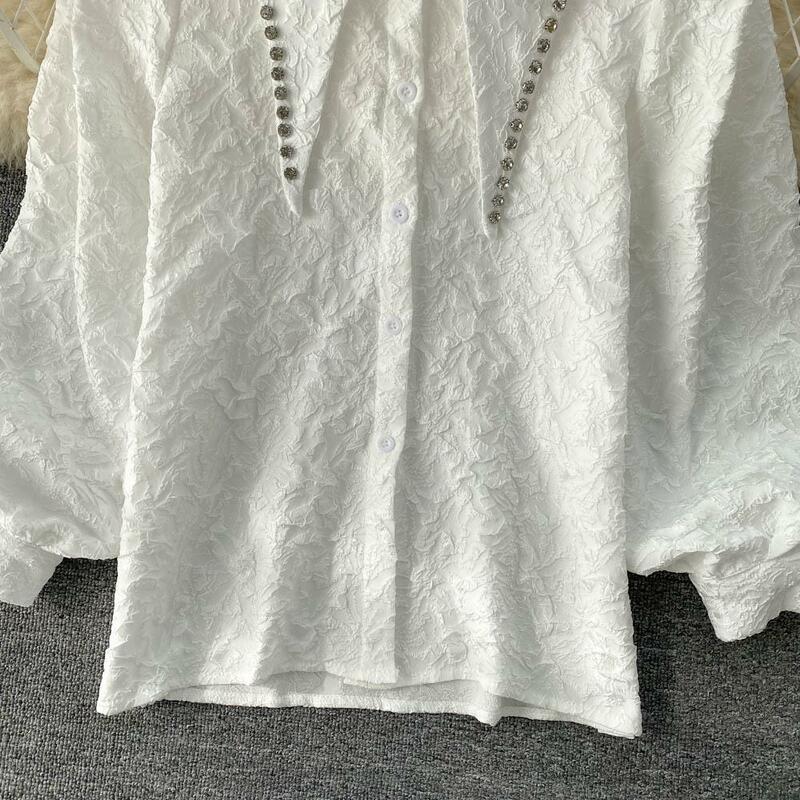 Blusa de manga larga con estampado de burbujas para mujer, camisa blanca de Jacquard, informal, con solapa de Diamante, para primavera, 2022