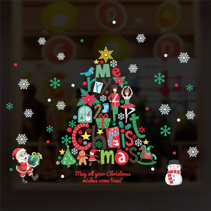Merry Christmas Tree Santa Claus Snowflake Decals ผนังเด็กห้องพักหน้าต่าง Home Decor New Year สติ๊กเกอร์ติดผนัง Pvc Diy โปสเตอร์