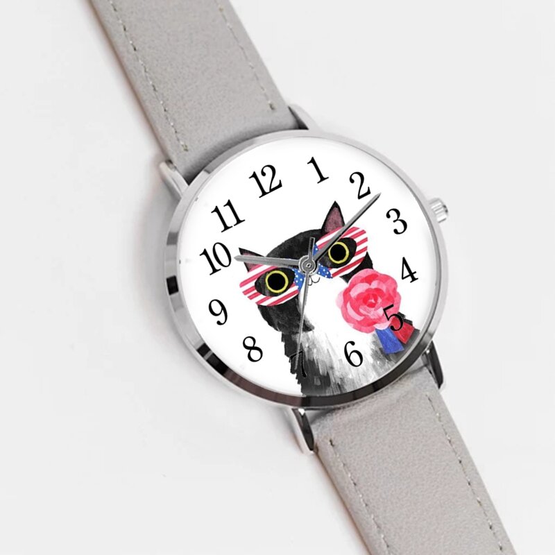 New Digital Cat Watch Silver Case Belt Women'S Quartz Wrist Watch