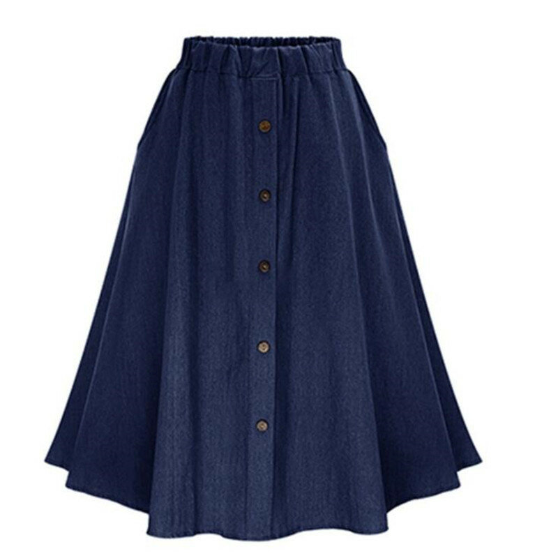 Модная женская юбка в Корейском стиле, однотонная длинная юбка, Женская Повседневная Джинсовая юбка на пуговицах с завышенной талией и широ...