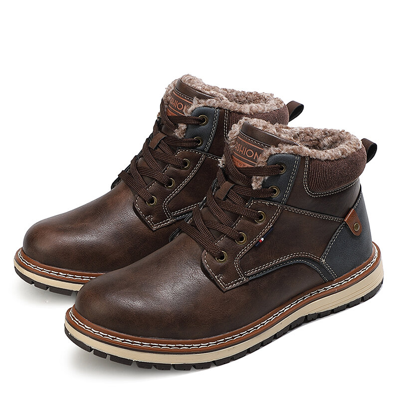 Botas de nieve de cuero para hombre, botines cálidos de piel gruesa, calzado de trabajo con cordones, para exteriores, talla grande 41 ~ 47