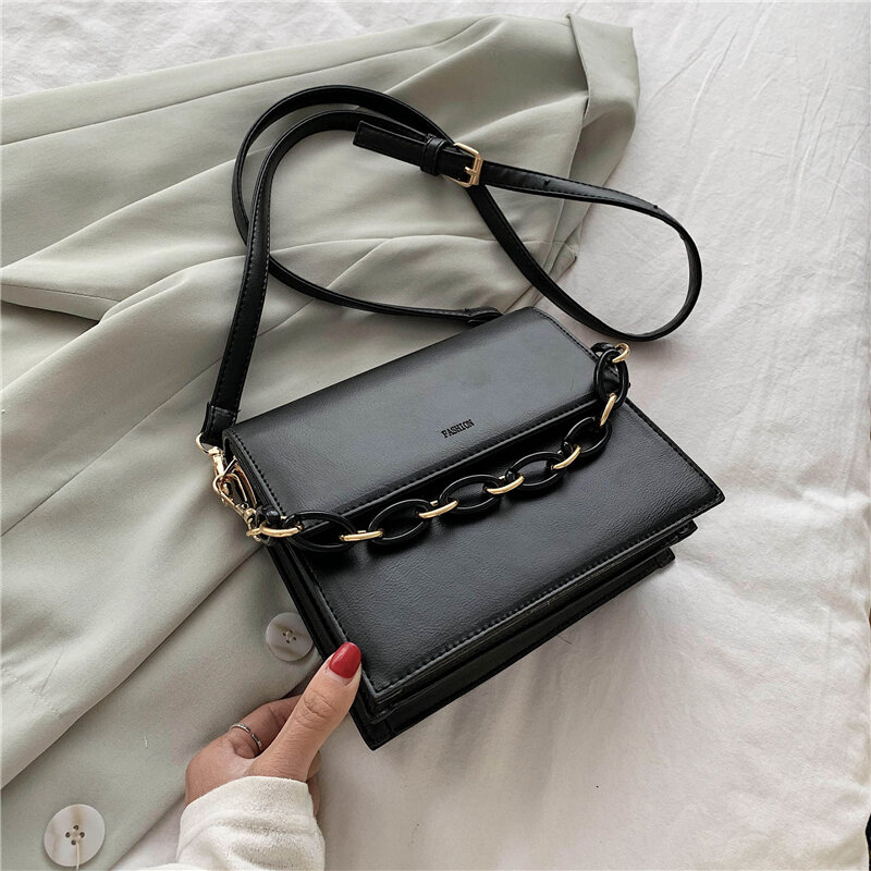 Женская сумка на плечо, модная повседневная однотонная дизайнерская сумка-мессенджер с цепочками, маленькие квадратные сумки через плечо д...