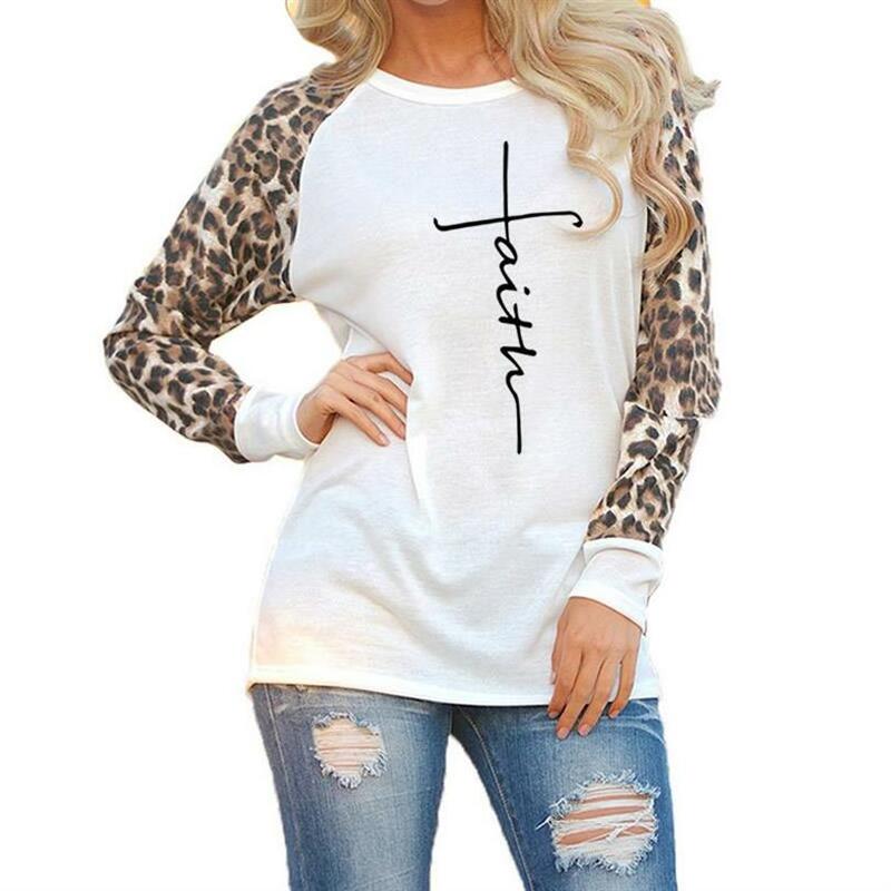 Nova chegada camiseta para as mulheres fé letras imprimir leopardo manga longa camiseta topos feminino plus size