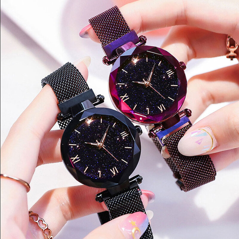 Mulheres céu estrelado relógios pulseira de luxo malha magnética relógio de quartzo relógio de pulso ladys feminino diamante relógio relogio feminino