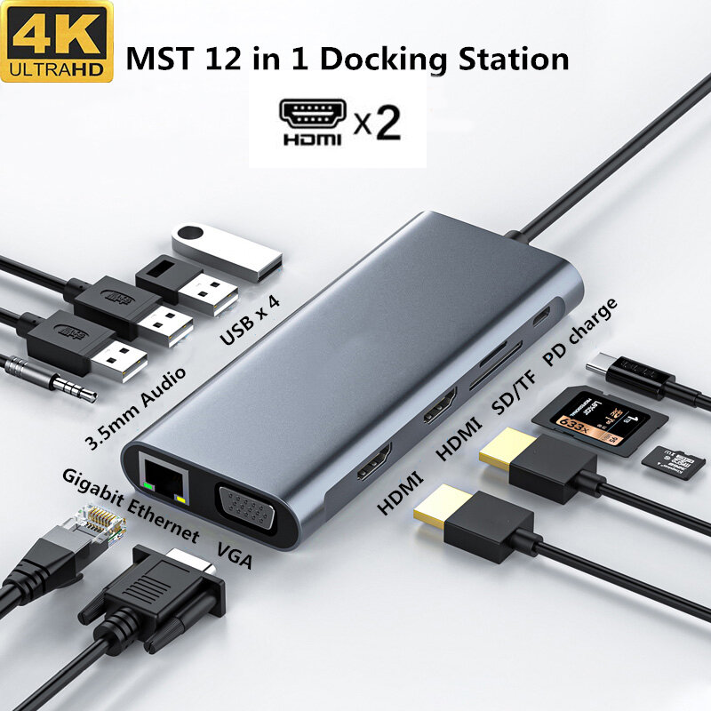Macbook Pro 용 USB C 허브 트리플 디스플레이 유형 C 허브 듀얼 HDMI 호환 DP SD 카드 판독기 RJ45 3.5mm 12 in 1 어댑터 usb c dock