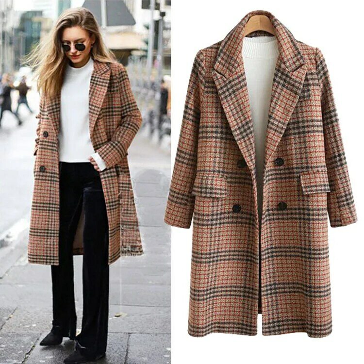 2020 Autumn and winter new women's wear British style large loose medium length Plaid woolen long women coat manteau femme hiver