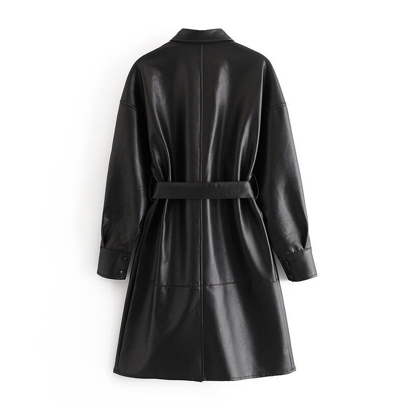 Cinto de inverno do falso jaqueta de couro feminino longo casaco de manga longa motocicleta casaco senhoras preto casaco de couro primavera inverno 2021