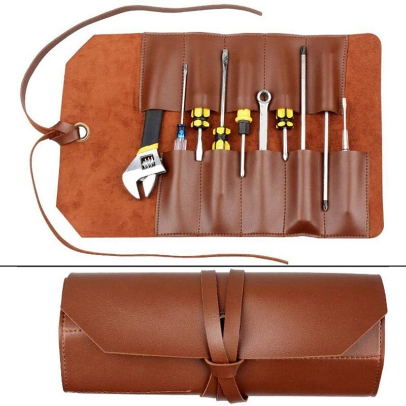 Rollo de herramientas de cuero, bolsa de almacenamiento de Kit de herramientas de cuero multifuncional, bolsa de Kit de herramientas de reparación de bicicletas