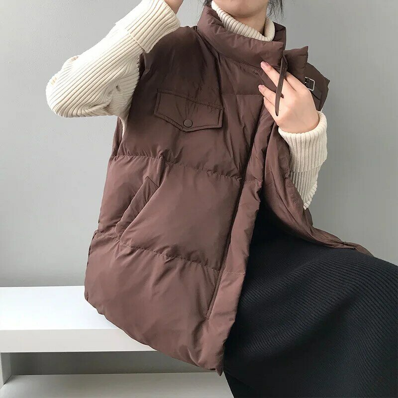 Emagrecimento para baixo algodão colete algodão-acolchoado jaqueta coreano gola fivela chanfrada zíper bolso solto inverno feminino