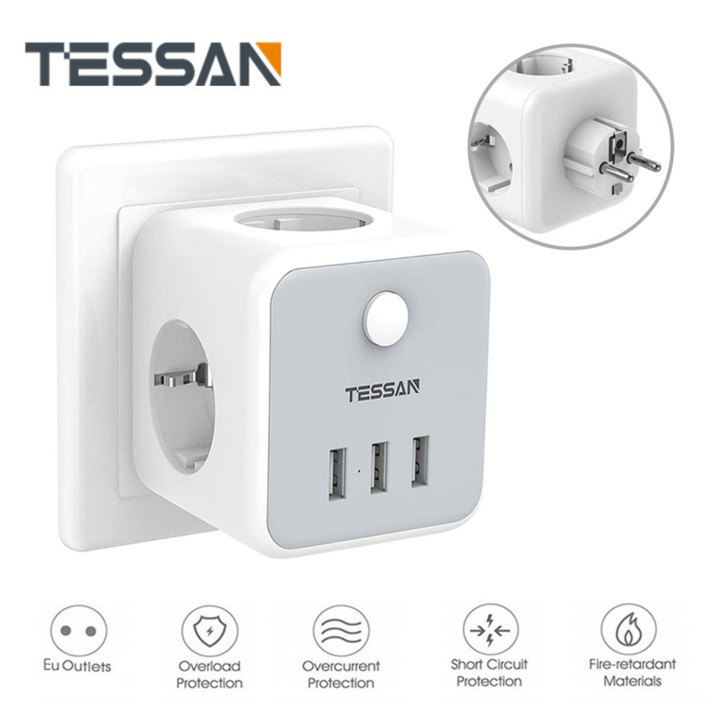 TESSAN EU Ổ Điện Power Strip 3 AC Ổ Cắm + 3 USB Adapter Bảo Vệ Quá Tải 6  Trong-1 Ổ Cắm Có Công Tắc Bật Tắt / phụ kiện & phụ Tùng