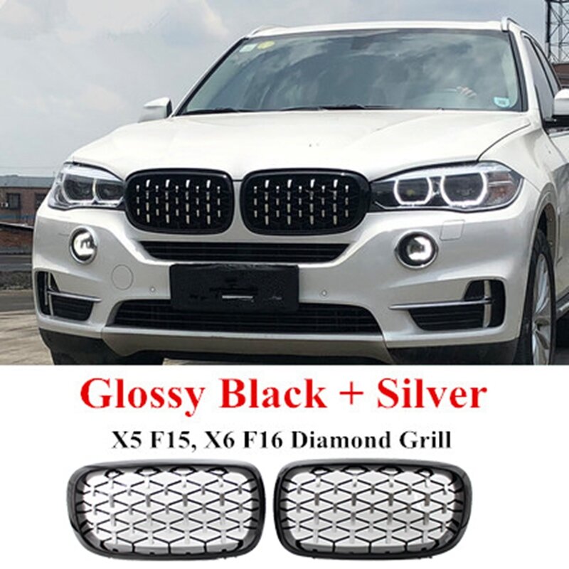 Diamond Style ABS Front Racing Grille For-BMW X5 X6 F15 F16 F85 F86 Silver+Black