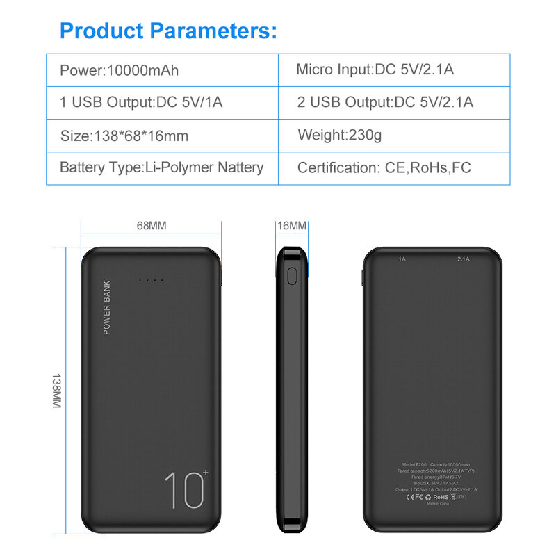 RAXFLY-batería externa portátil para móvil, Powerbank de 10000mAh, LED, para Xiaomi, iPhone 13, 12