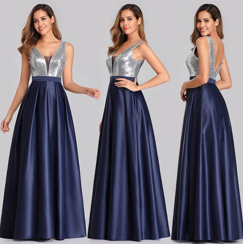 2021 ärmelloses V-ausschnitt Bodenlangen Backless Brautjungfer Kleid Abendkleid für Damen Party Kleid