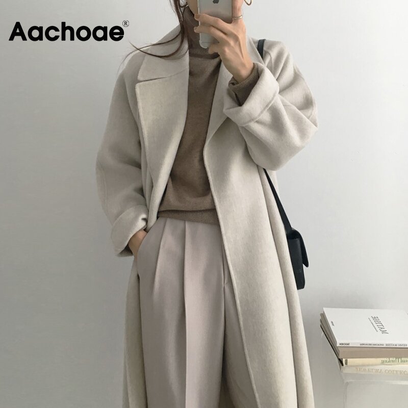 Aachoae Women Elegant Long Wool Coat With Belt Solid Color Long Sleeve Chic Outerwear Ladies Overcoat Autumn Winter 2021
